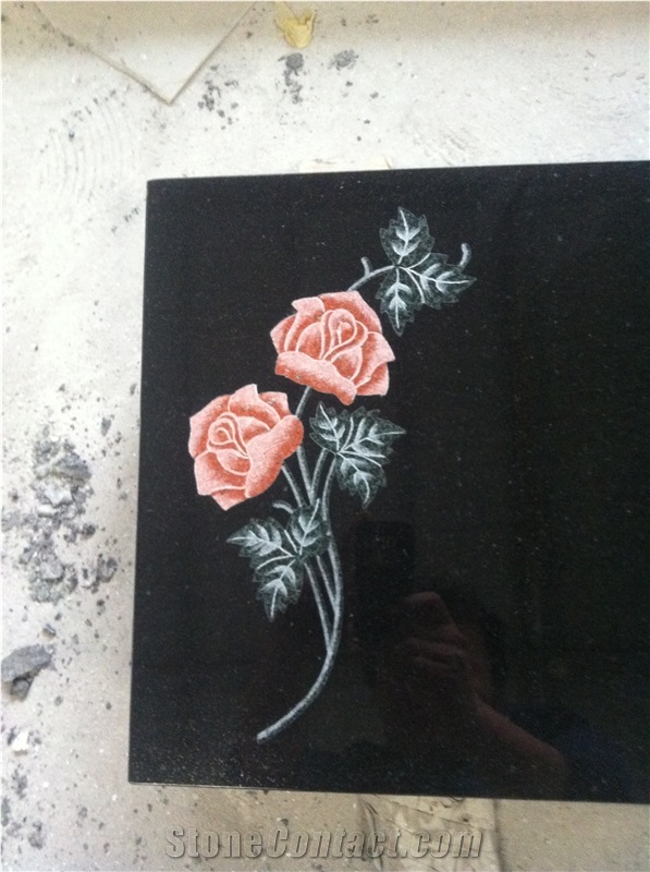 Black Flat Headstone with Roses Laser Etching