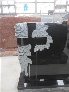 Cross Black Granite Headstone with Flowers