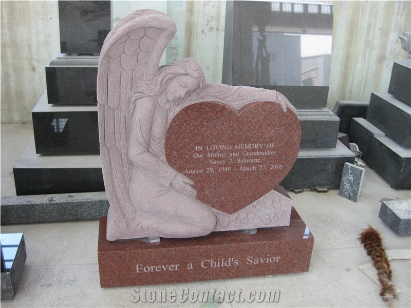 India Red Granite Engraved Angel Monument 06
