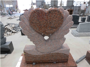 Red Granite Swan Statue Heart Shape Headstone