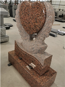 Red Granite Swan Statue Heart Shape Headstone