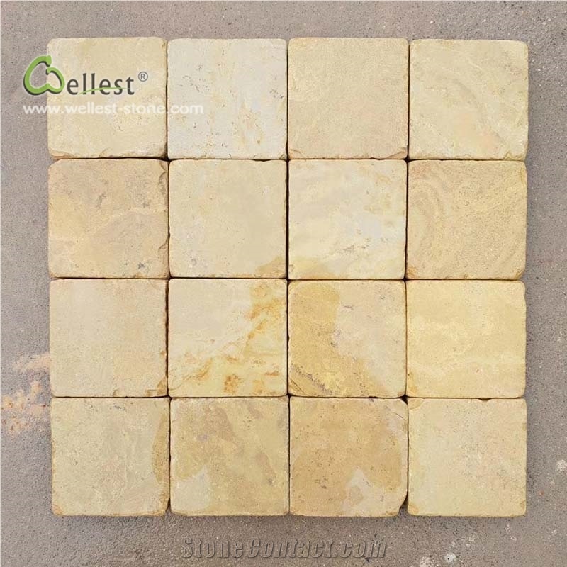 Beige Yellow Cube Stone Paver Tumbled Sides Cobble