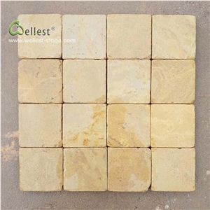 Beige Yellow Cube Stone Paver Tumbled Sides Cobble