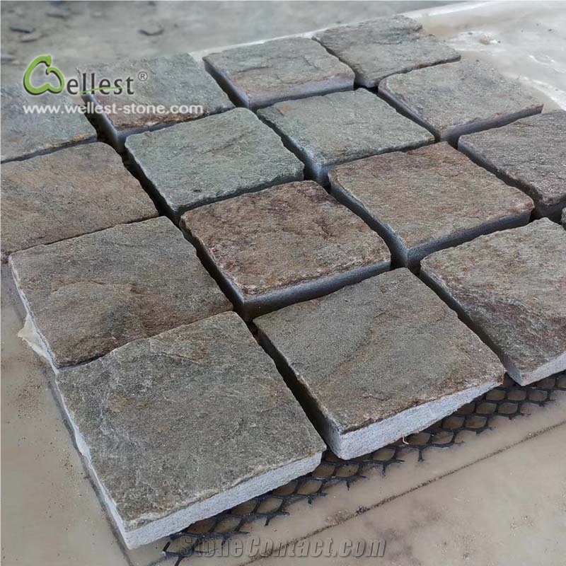 Green and Brown Cube Stone Meshed Natural Split