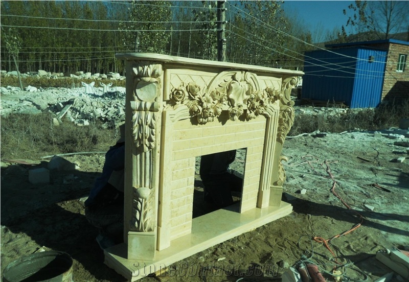 Beige Marble Fireplace Surround Handcarved Mantel