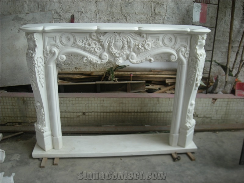 Beige Marble Fireplace Surround Handcarved Mantel