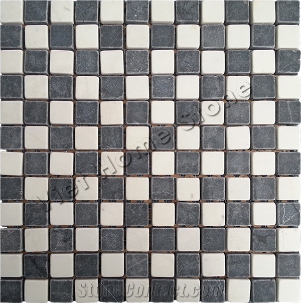 Milky White+Black Marble Honed Mosaic, Square Mosaic