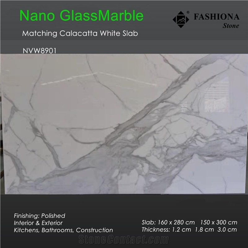 Bookmatched Nano Calacatta White Glass Marble Slab