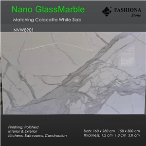 Bookmatched Nano Calacatta White Glass Marble Slab