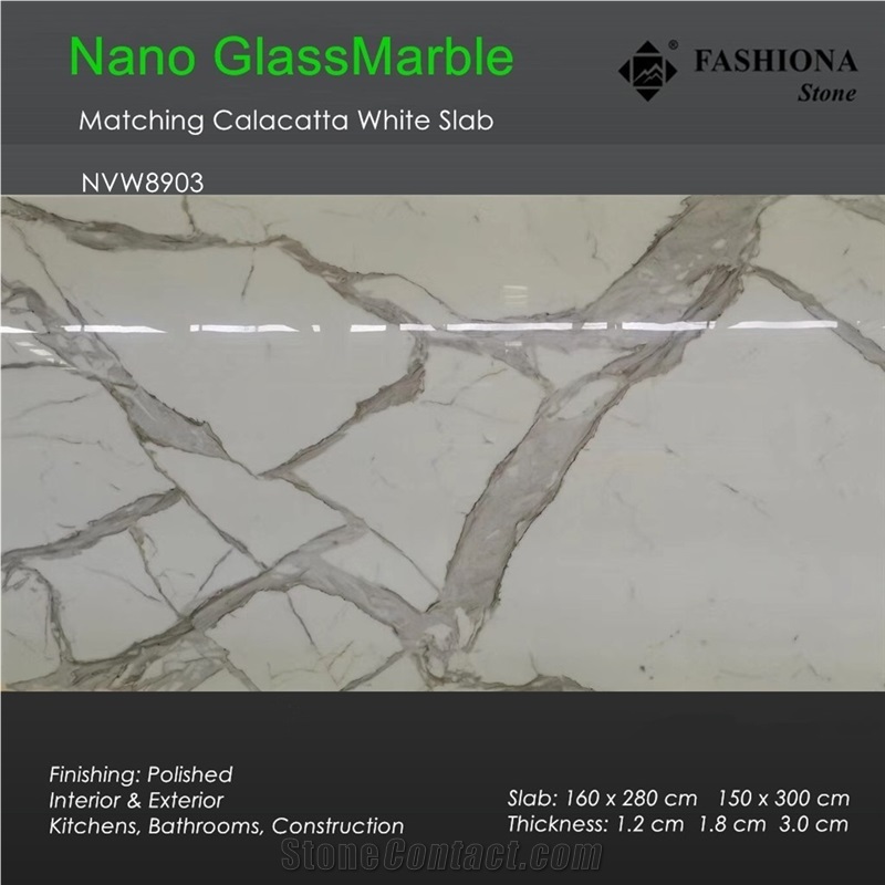 Calacatta Nano White Glass Marble Matching Slab