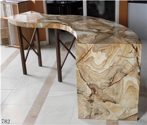 India Teak Wood Marble Brown Gold Stone Slab Floor