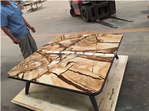 India Teak Wood Marble Brown Gold Stone Slab Floor