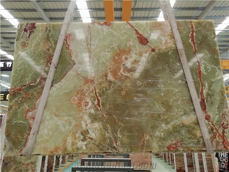Ancient Green Onyx Slabs with Red Vein
