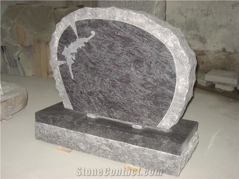 Bahama Blue Rough Engraved Upright Tombstone 03