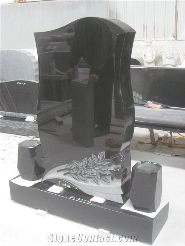 Black Granite Gravestone Vase Upright Monument 43