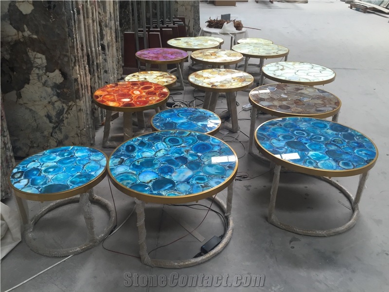 Blue Agate Stone Round Table,Semiprecious Desk