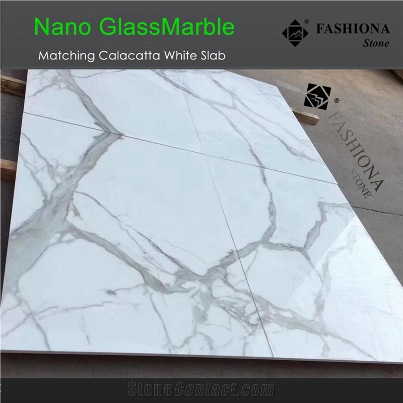 Book Match Nano Calacatta White Glass Marble Slabs