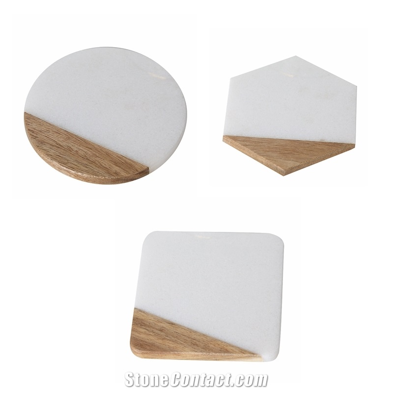 Hexagonal Marble and Wood Coasters