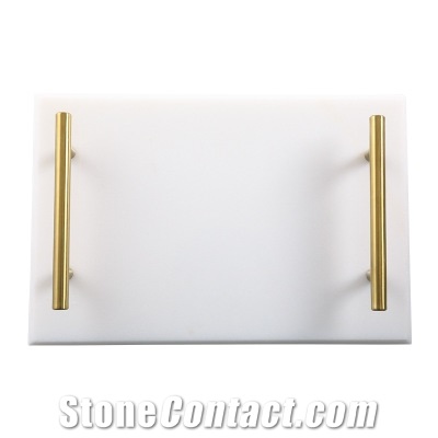 Marble Slab Board Tray with Brushed Metal Handles
