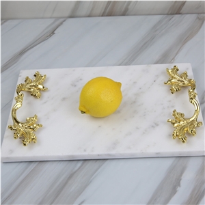 Marble Stone Food Serving Tray with Gold Handle