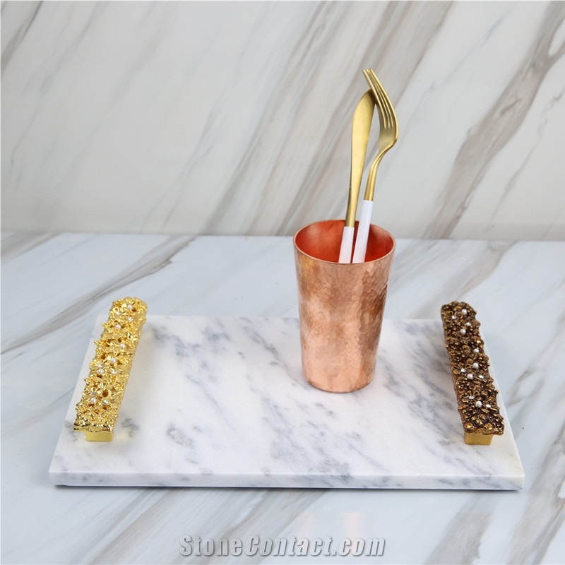Marble Stone Food Serving Tray with Gold Handle