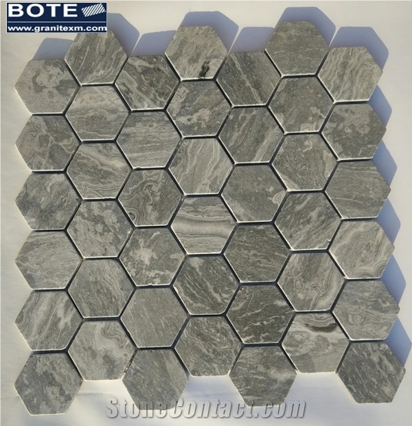 Hexagon Mosaic Tile Seawave Grey Marble Mosaics