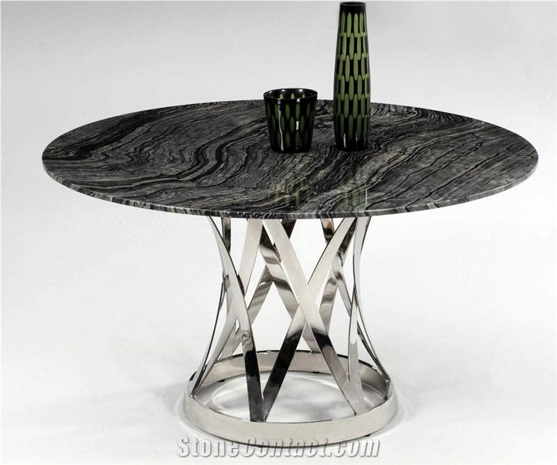 Silver Dragon Black Marble Interior Rectangle 8 Seat Dinner Table