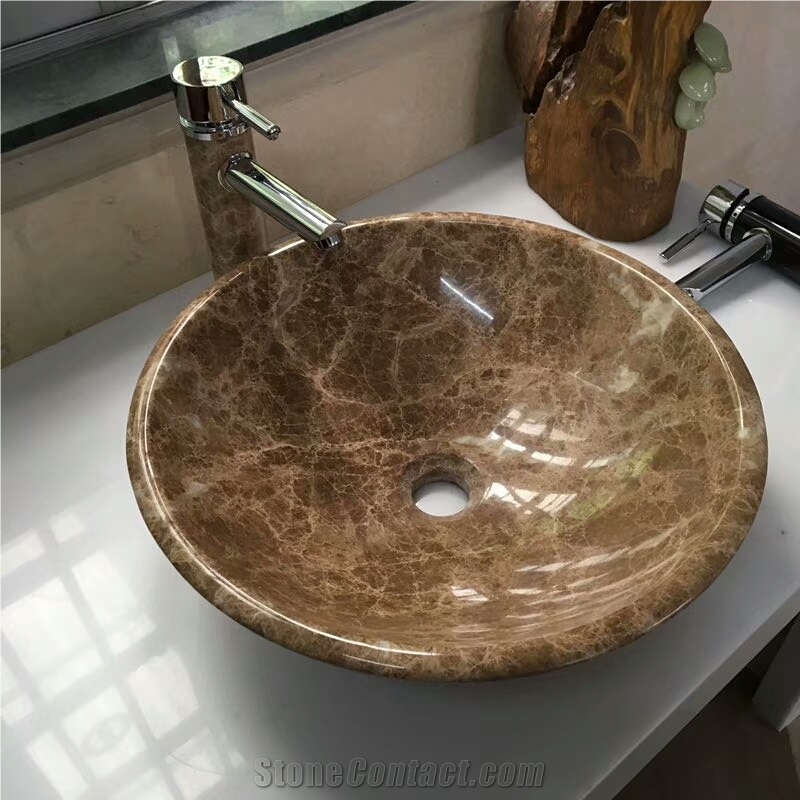 Light Emperador Marble Round Sink, Marble Basins