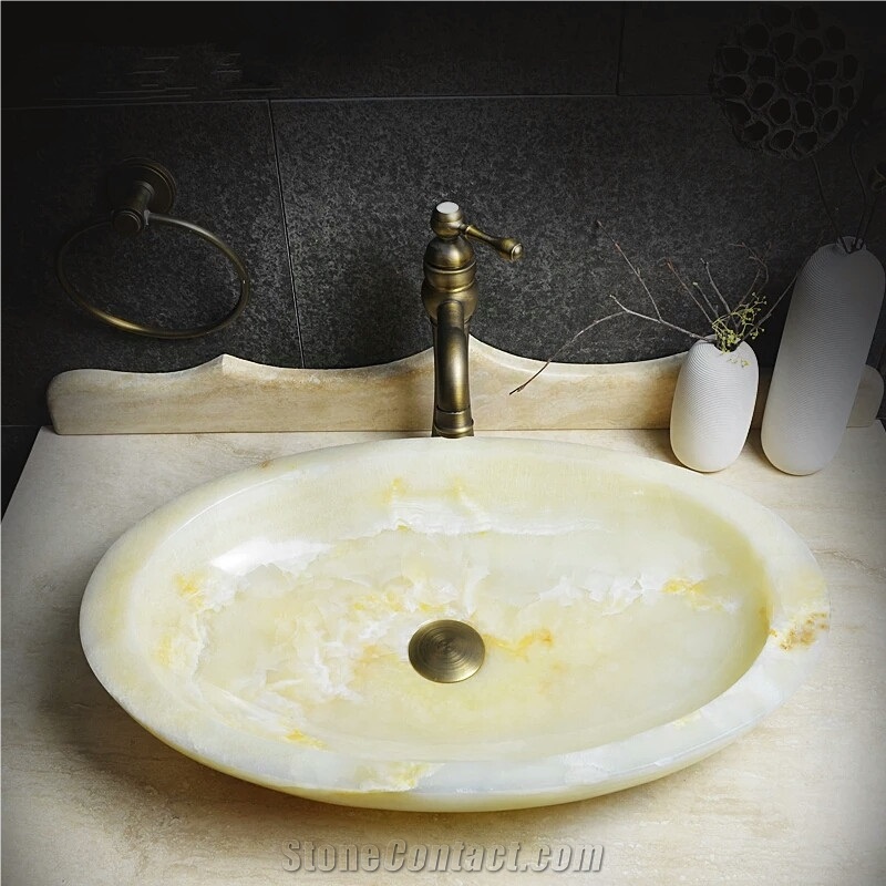 White Onyx Oval Bathroom Sink, Stone Washbasin