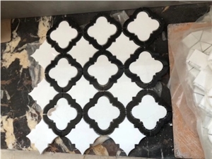 Thassos White Marble Lantern W/Black Edge Mosaic Tile