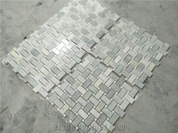 Ming Green Marble W/White Dots Basketweave Mosaic Tile