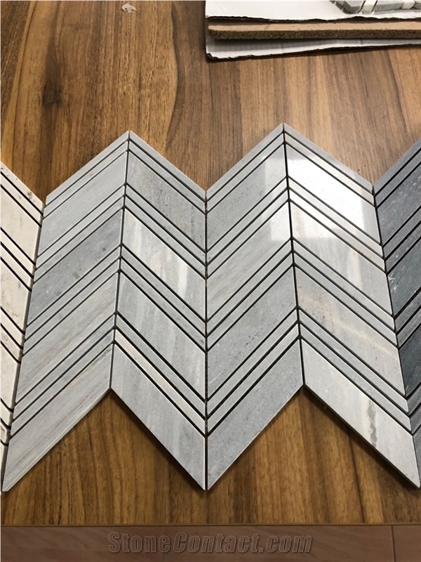 Grey And White Wooden Marble Chevron Shape Mosaic Tile