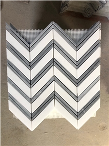 Thassos White Marble W/Grey Edge Chevron Mosaic Tile