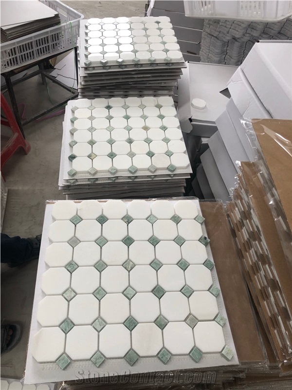 Thassos White Marble W/Green Dots Octagon Mosaic Tile