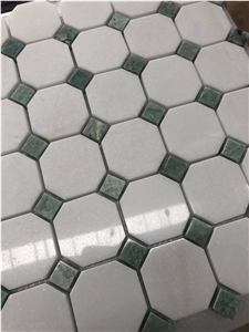 Thassos White Marble W/Green Dots Octagon Mosaic Tile