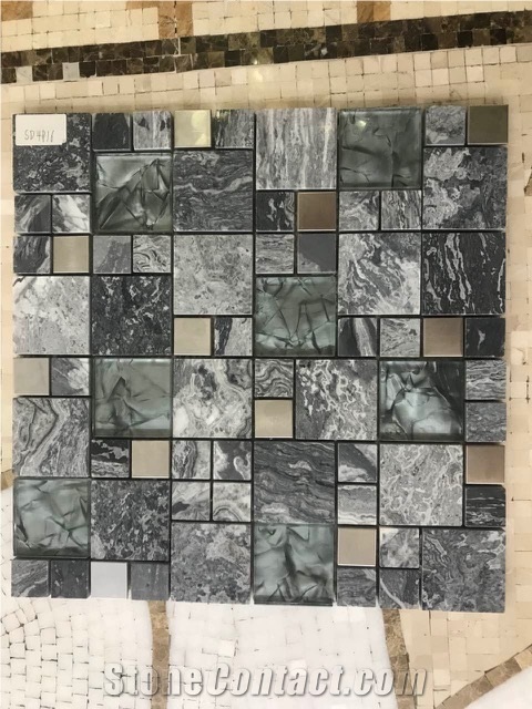 Black Marble Mini Versailles W/Glass Mosaic Tile