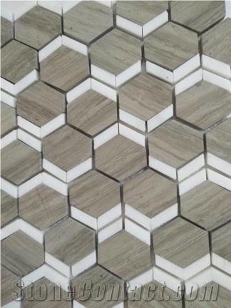Wood Grain W/Thassos White Marble Hexagon Mosaic Tile