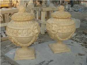 Cream Beige Marble Carved Flowerpot Urn