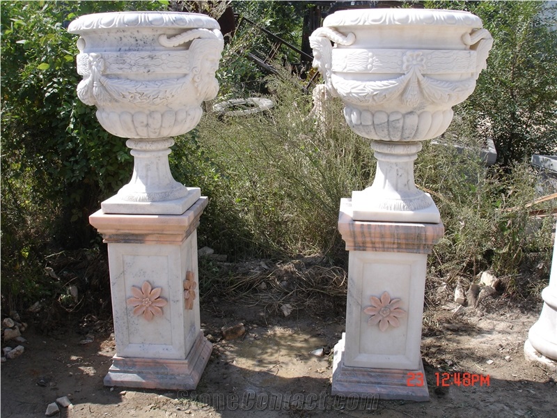 White Carved Marble with Pedestal Base Urn Planter