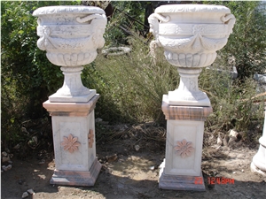 White Carved Marble with Pedestal Base Urn Planter