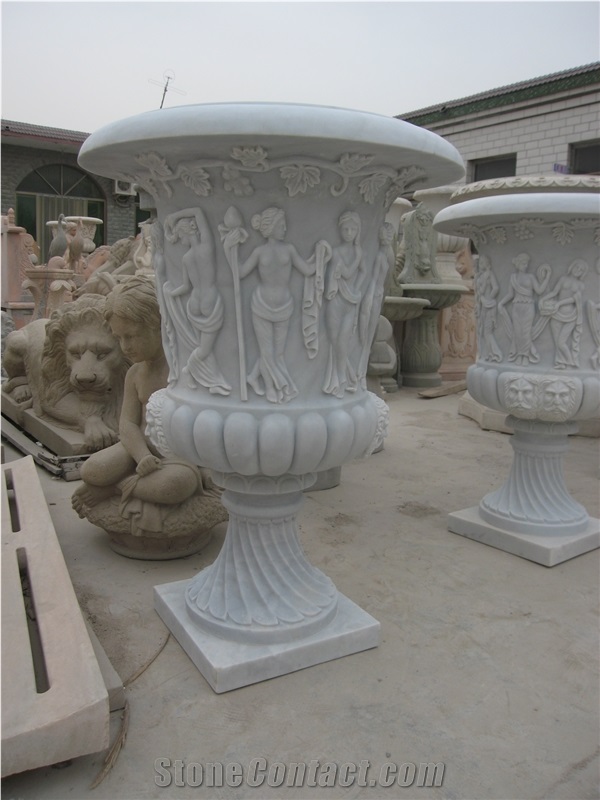 White Carved Sculptured Flower Pot Planter Urn