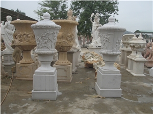 White Carved Urn with Pedestal Flowerpot Planter