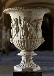 White Carved Urn with Relieft Flowerpots
