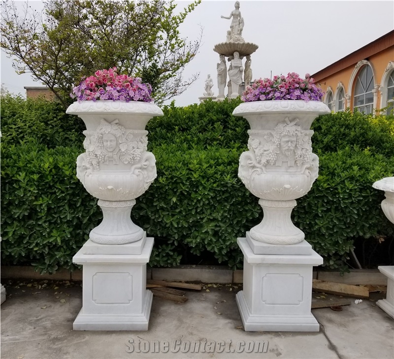 White Marble Carved Flowerpot with Base, Planters
