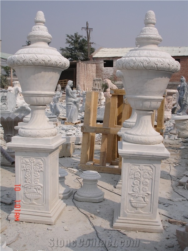 White Marble Urn with Base Pedestal Planters