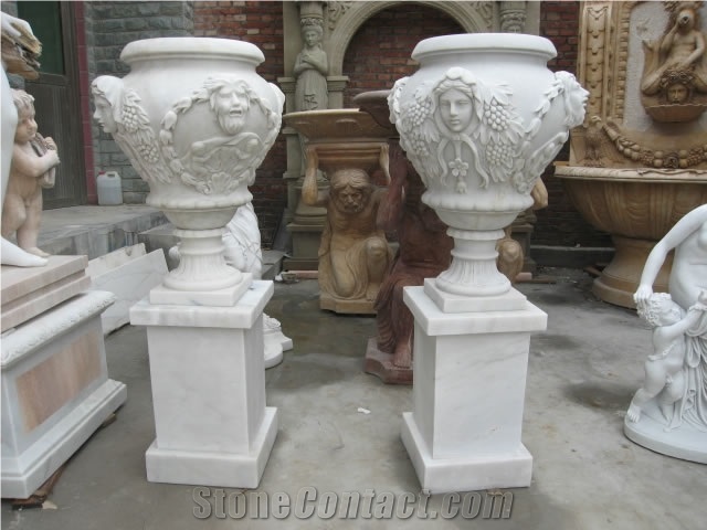 White Marble Urn with Face Carving, Planter