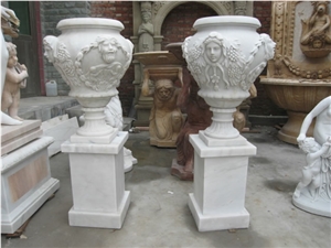 White Marble Urn with Face Carving, Planter
