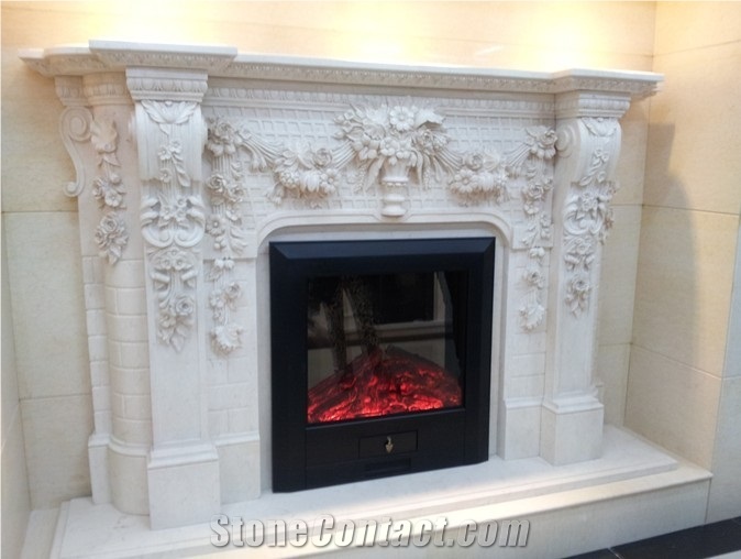 Beige Fireplace Granite Customized Hand Carved