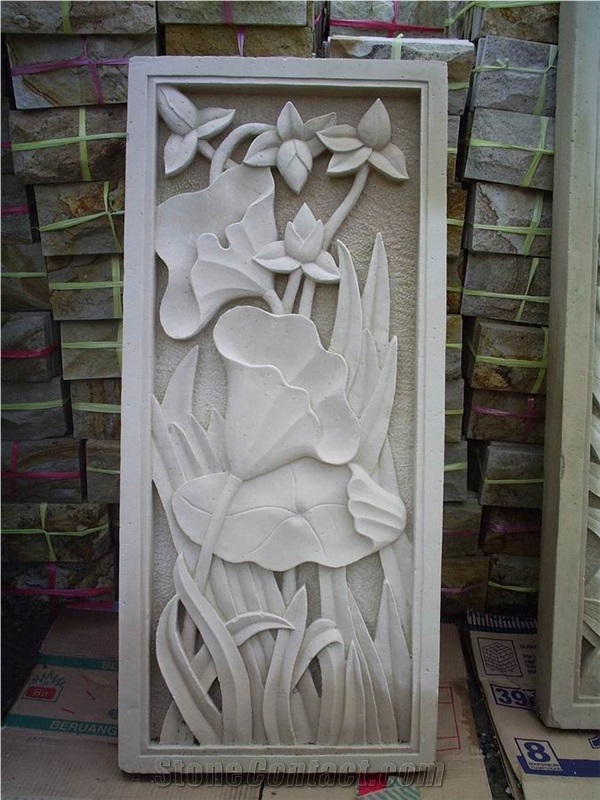 Bali White Limestone Teratai Flower Carving Relief