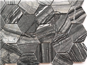 Ancient Wood Grain Black Perlino Hexagon Mosaic